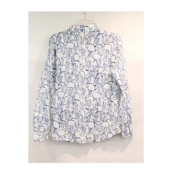 Jean-Pierre Klifa Top Womens White Blue Bunny Print Linen Blend Button Up Casual - Picture 4 of 9